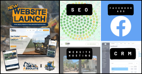 A collage showing web design services, including a website launch, SEO, Facebook ads, website hosting, and CRM software.