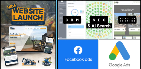 Marketing collage showing a website launch, CRM, SEO, AI search, hosting, Facebook ads, and Google Ads icons.