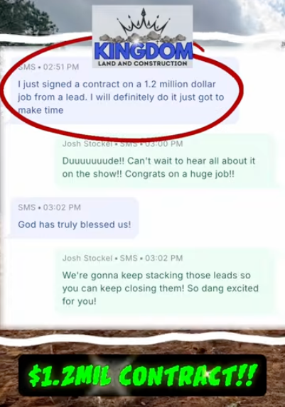 A text message conversation showing a Kingdom Land and Construction client celebrating a $1.2 million contract win.