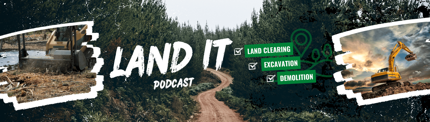 A banner for a podcast called land it shows a dirt road going through a forest.