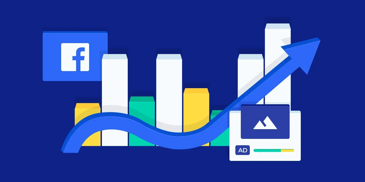 An illustration of a graph with an arrow pointing up and a facebook logo.