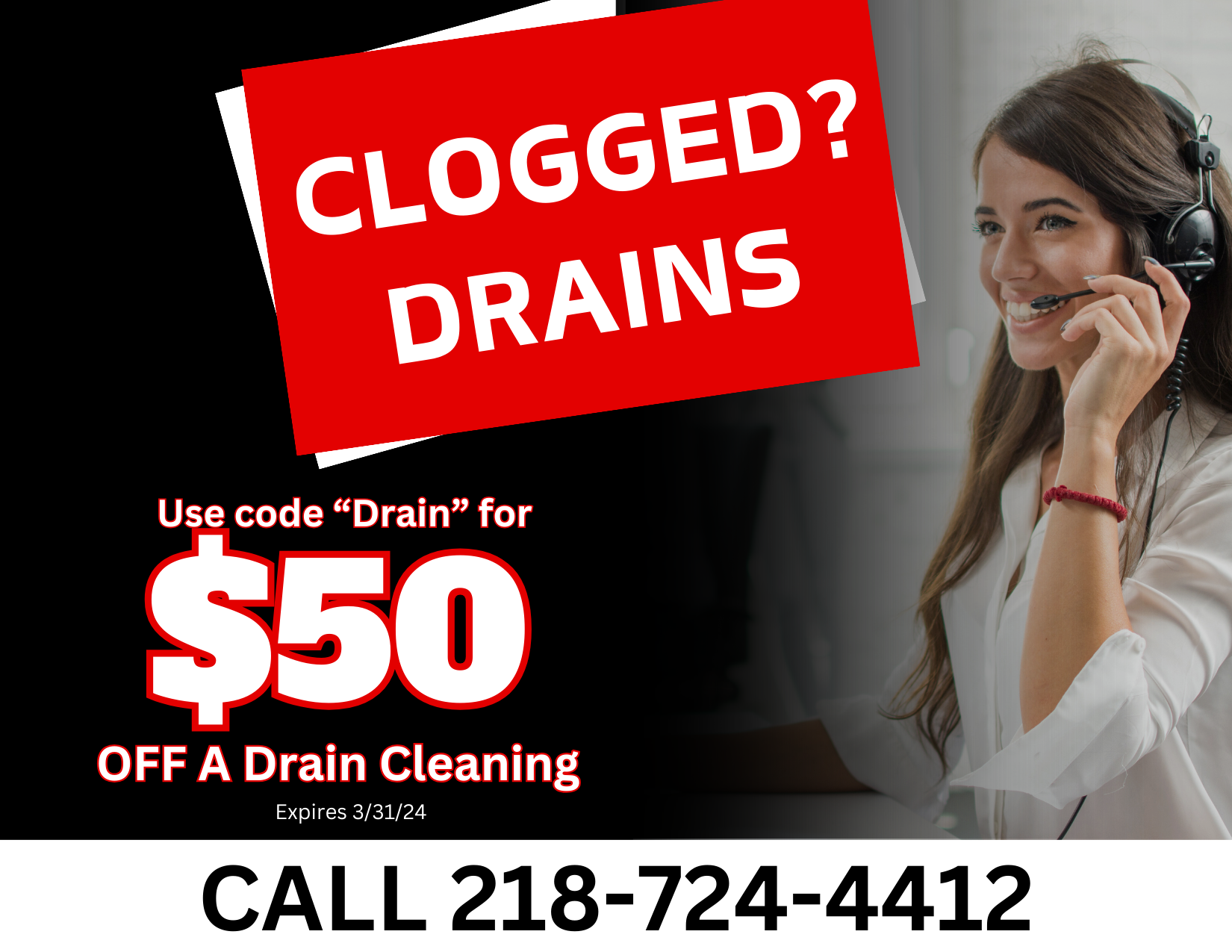 50 dollar coupon for drain cleaning service using code word Drain.