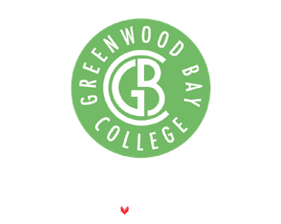 The logo for greenwood bay college is green and white