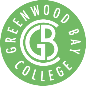 The logo for greenwood bay college is green and white