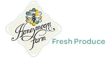 The honeymoon farm fresh produce logo has a bee on it.