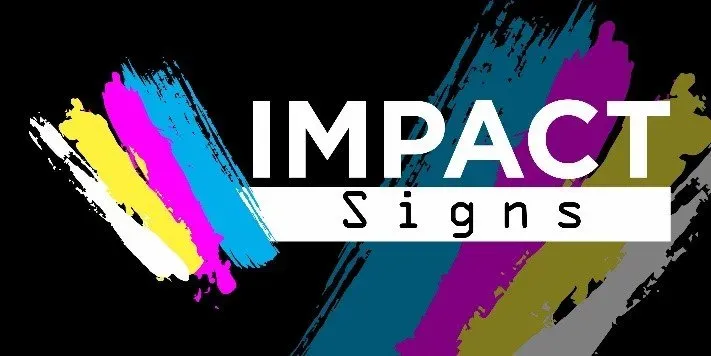 A logo for impact signs with colorful brush strokes on a black background