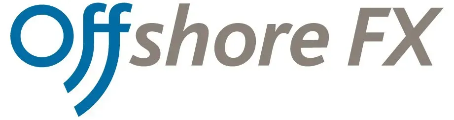 A blue and white logo for offshore fx
