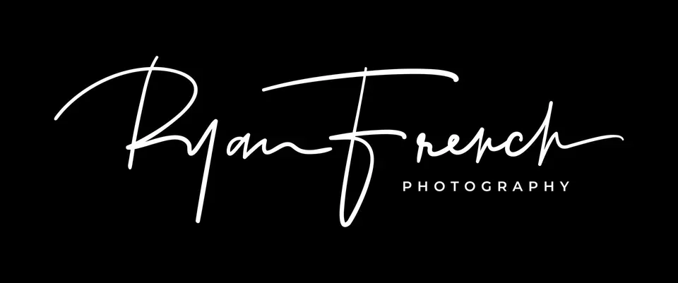 The logo for ryan french photography is white on a black background.