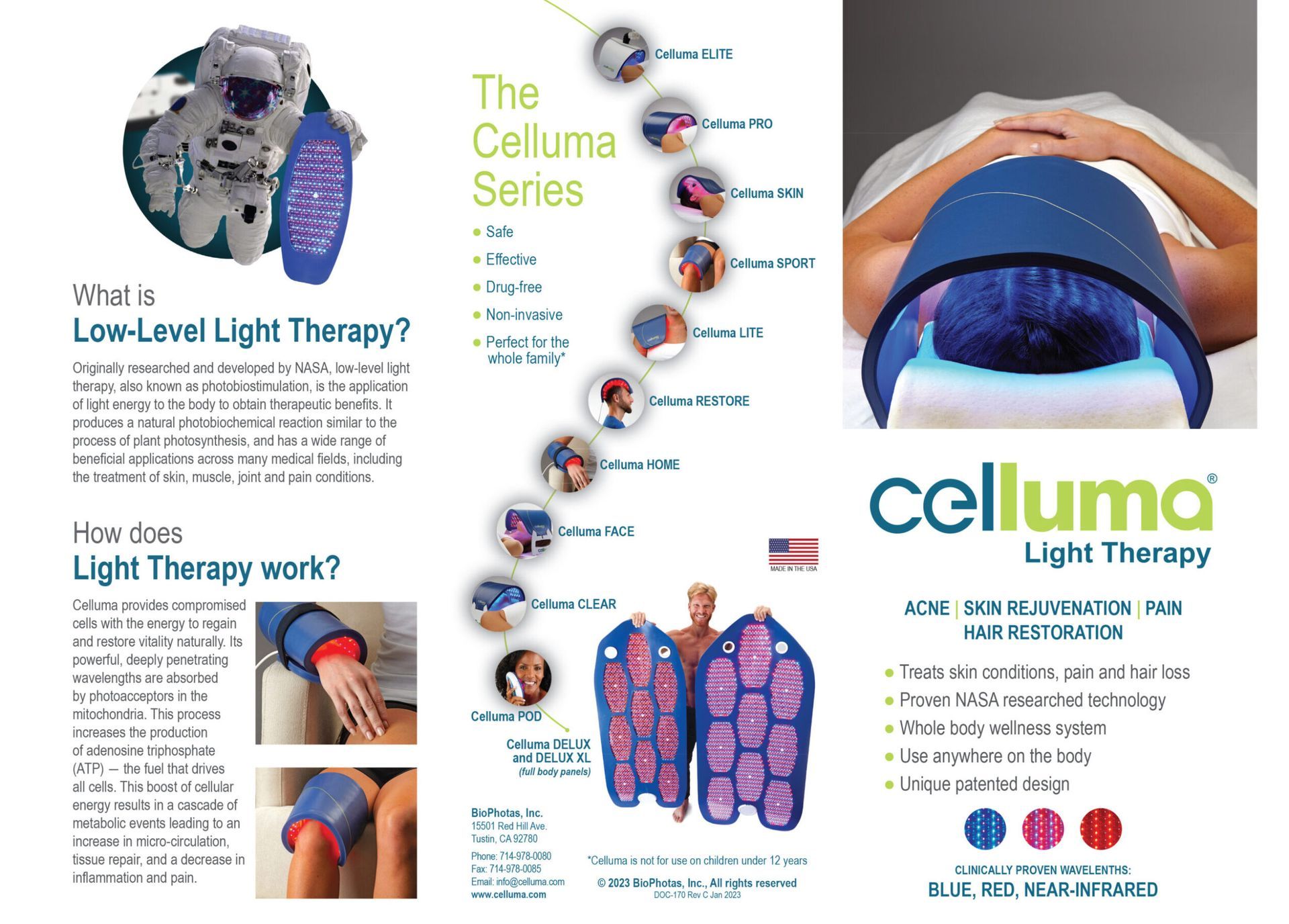 Brochure for Celluma light therapy device. Shows device, benefits, and how it works.