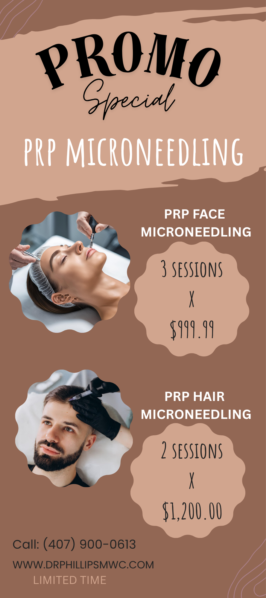 Promotional banner: PRP microneedling special. Features: face and hair microneedling with prices and contact info.