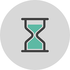Hourglass icon with teal sand, set against a gray circle background.