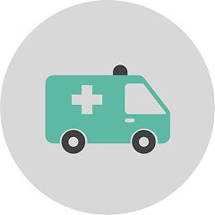 Teal ambulance with white cross and dark gray tires on gray background.