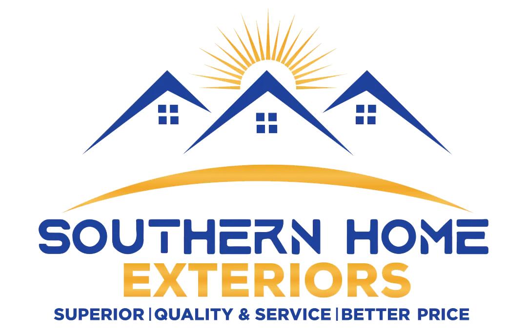 Logo: Blue rooftops, sunburst, arched gold line, "Southern Home Exteriors" text, tagline below.