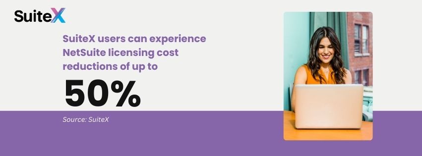 Graphic stating that SuiteX users can experience NetSuite licensing cost reductions of up to 50%.