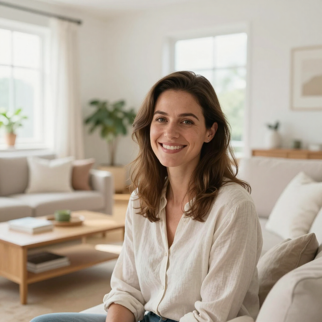 A person smiling while sitting on a light-colored sofa in a bright, modern living room.