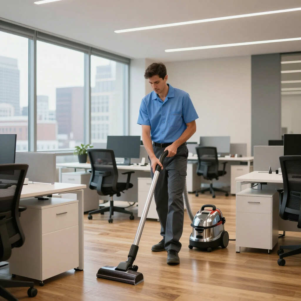 A person in a blue shirt vacuuming a wooden office floor with desk cubicles and city views in the background.