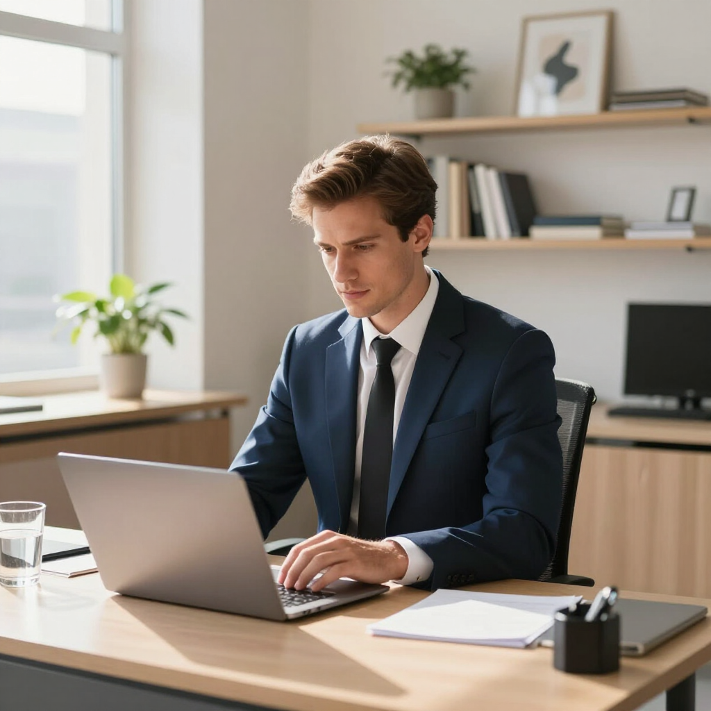 A professional in a suit works on a laptop at a desk in a bright, modern office with plants and bookshelves.