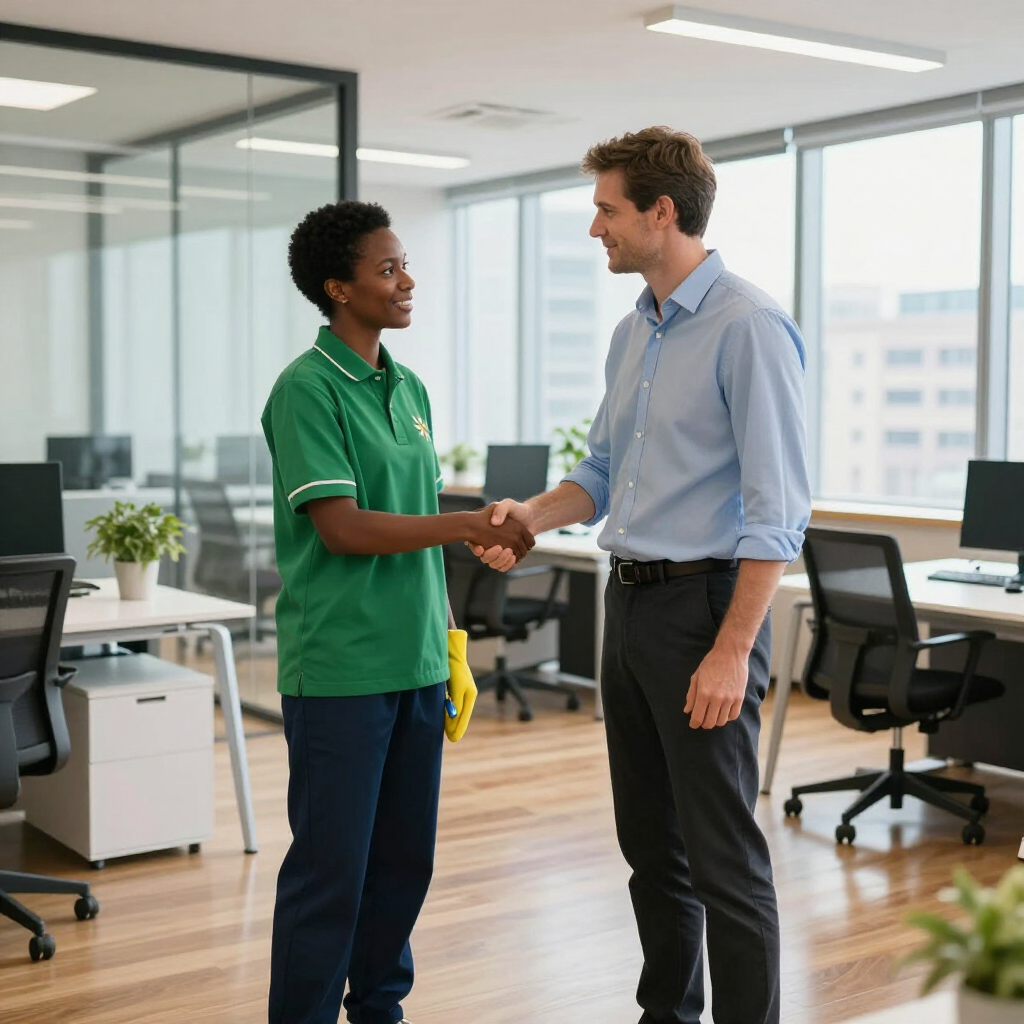 A person in a green uniform shakes hands with a person in a light blue button-down shirt in an office.