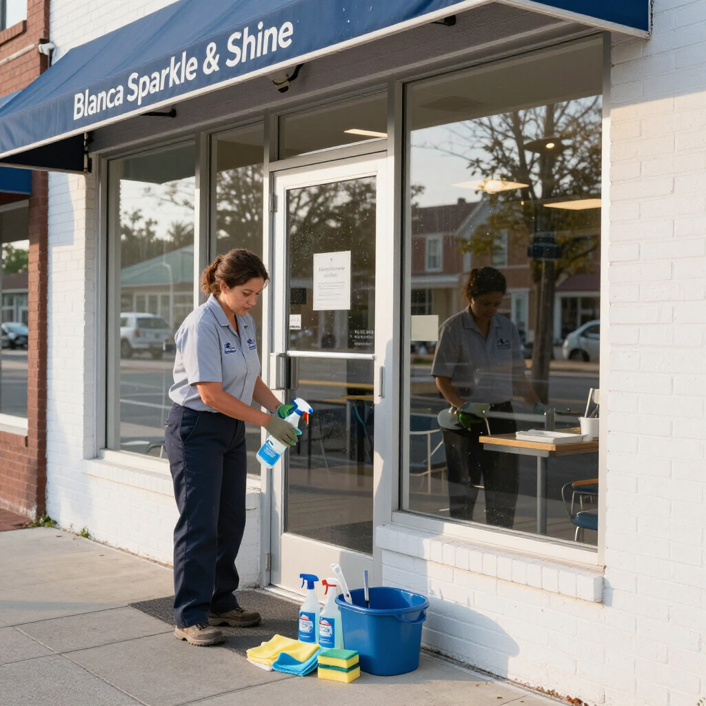 A cleaner in a uniform sprays the glass door of a storefront business named Blanca Sparkle & Shine.