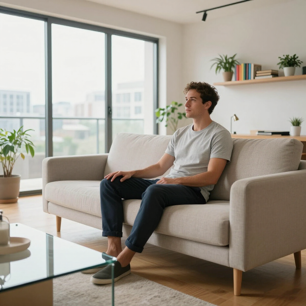 A person sits on a light gray sofa in a brightly lit, modern living room, looking toward a large window.