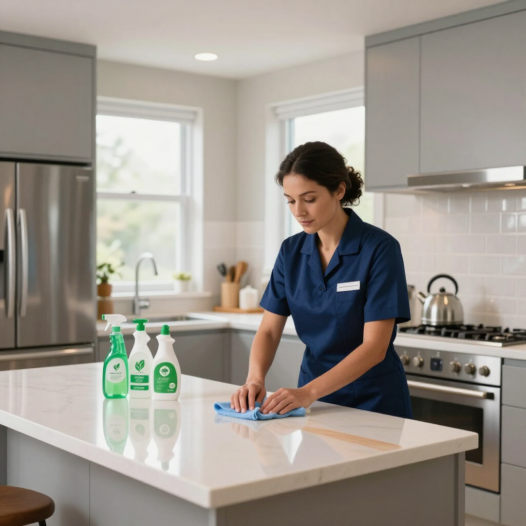 Cleaner wiping a kitchen island beside green cleaning bottles in a bright modern kitchen
