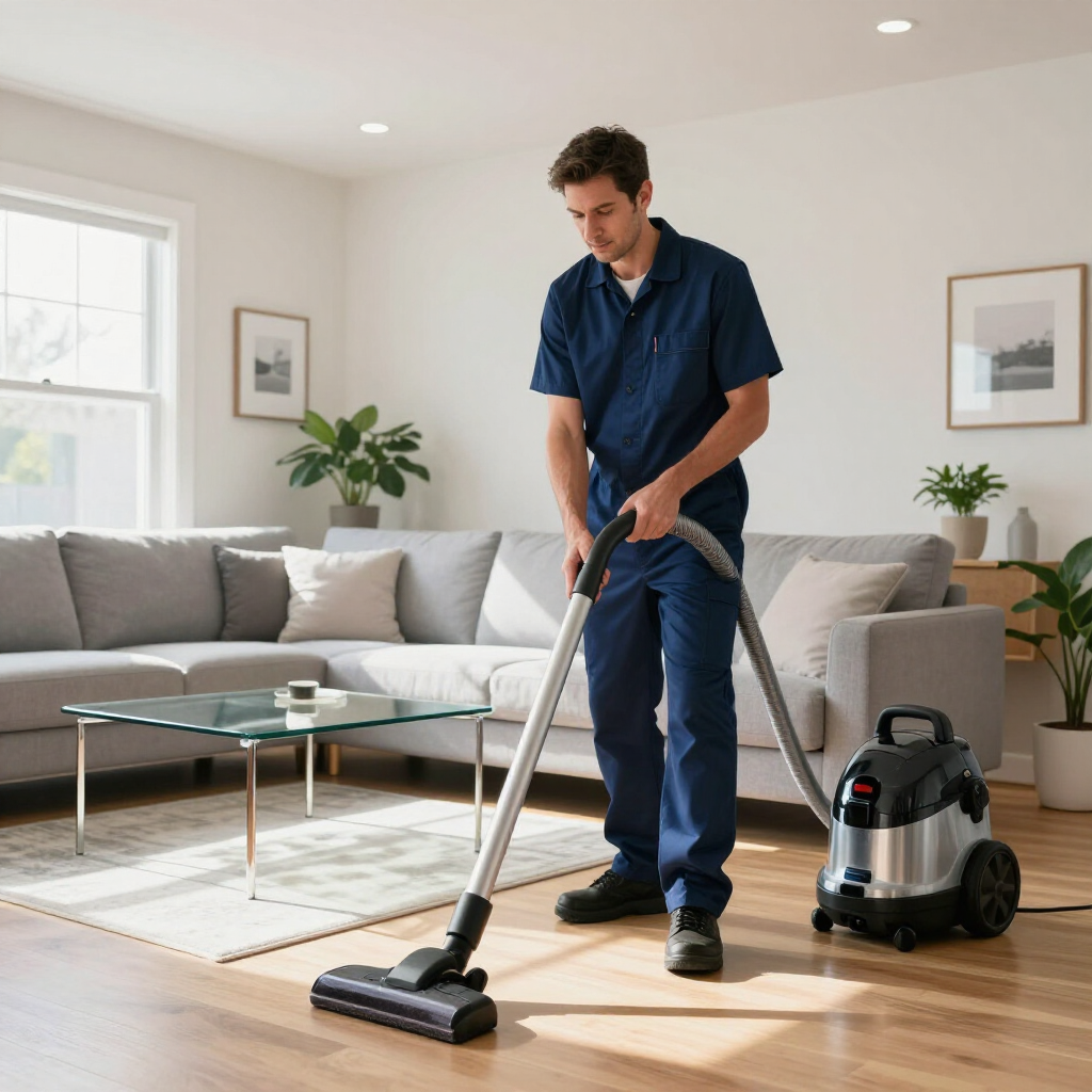 A person in a blue uniform vacuums a hardwood floor in a living room with a sofa and indoor plants.
