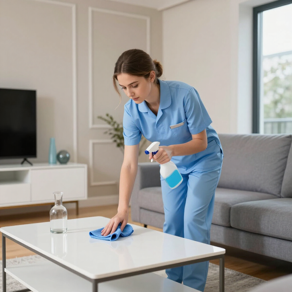 A person in a blue uniform cleaning a white coffee table with a spray bottle and a cloth in a modern living room.