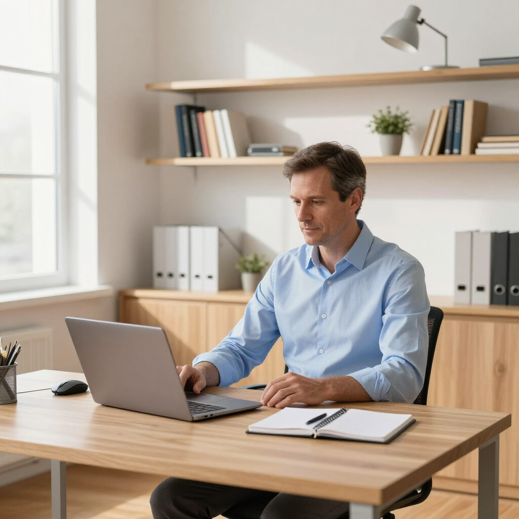 A person wearing a blue button-down shirt works on a laptop at a wooden desk in a bright, organized office.
