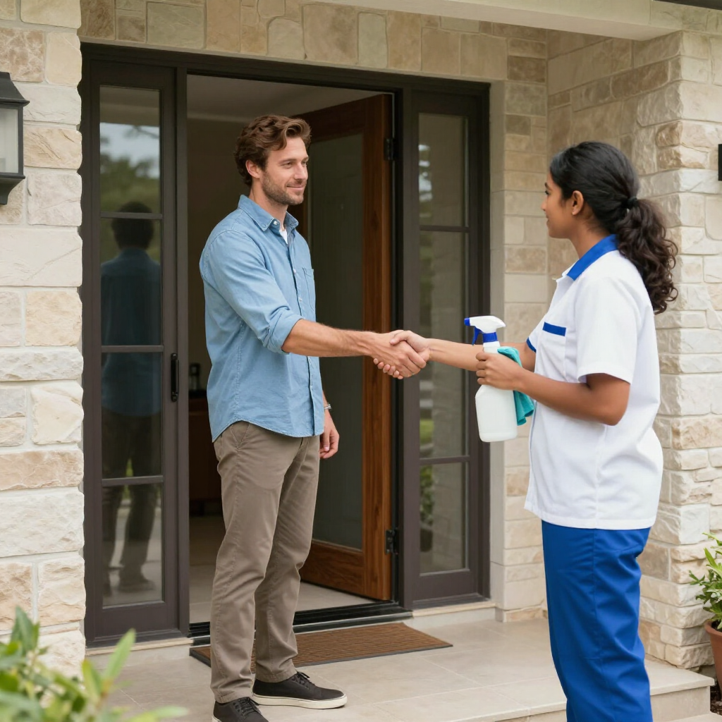 A person in a professional uniform holding a spray bottle shakes hands with a resident in front of a stone house entryway.