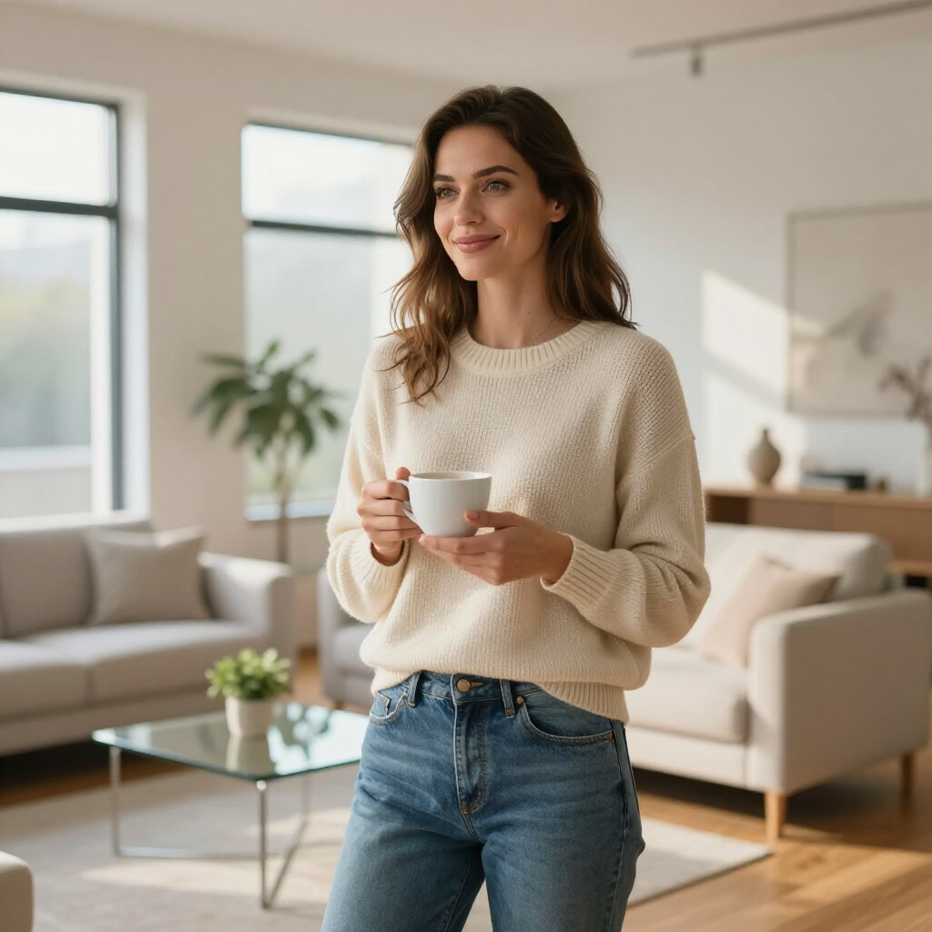 A person in a cream knit sweater and jeans holds a white mug while standing in a bright, modern living room.