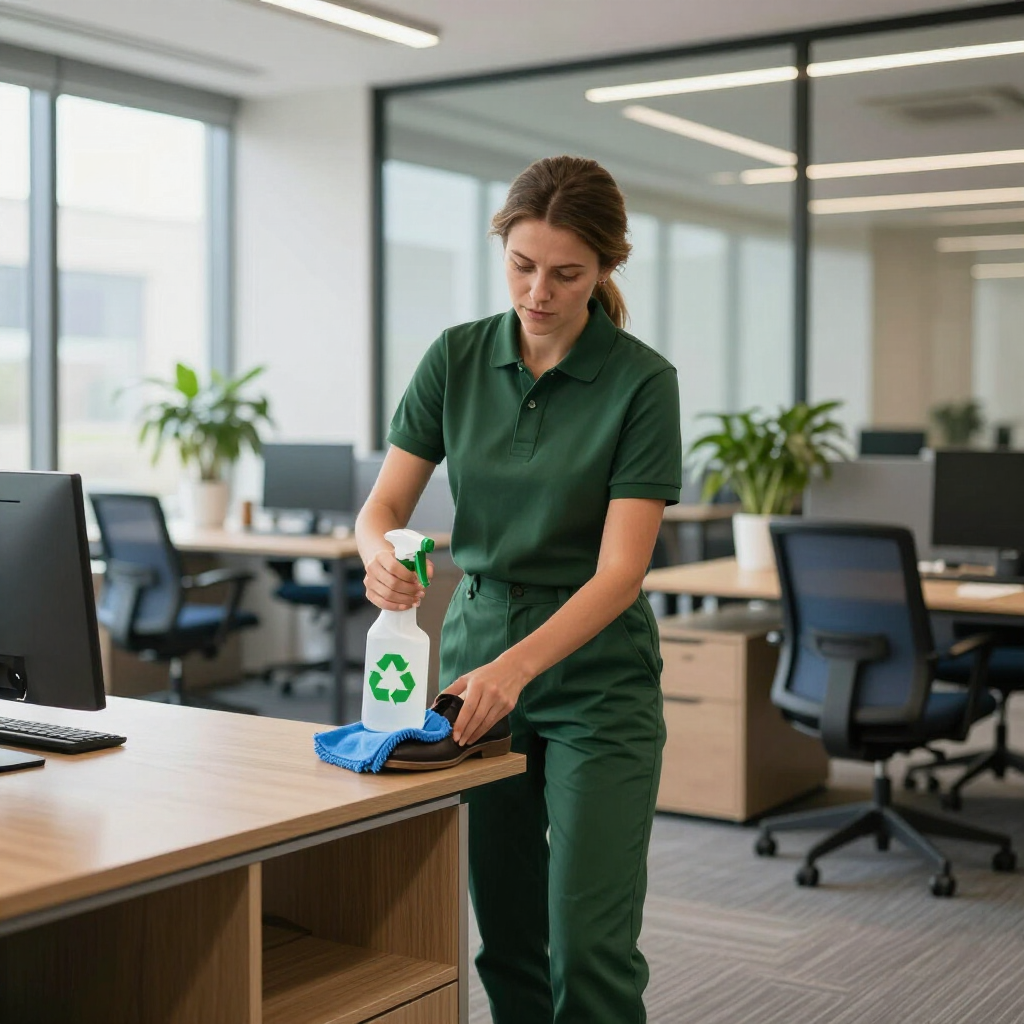 A person in a green uniform cleaning a surface with a spray bottle and a blue cloth in an office workspace.