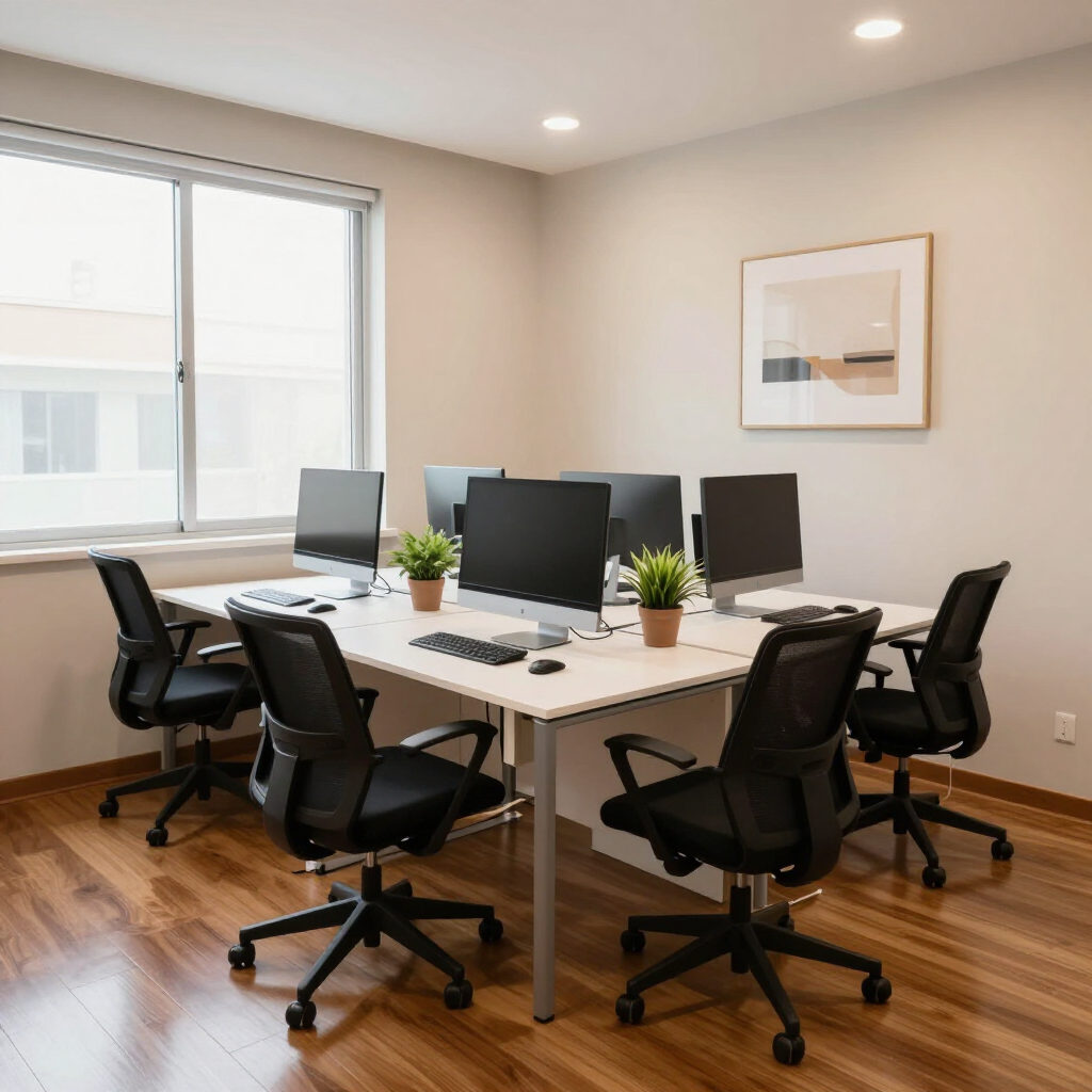 A bright, modern office with four computer stations, ergonomic black chairs, and small potted plants on a white desk.