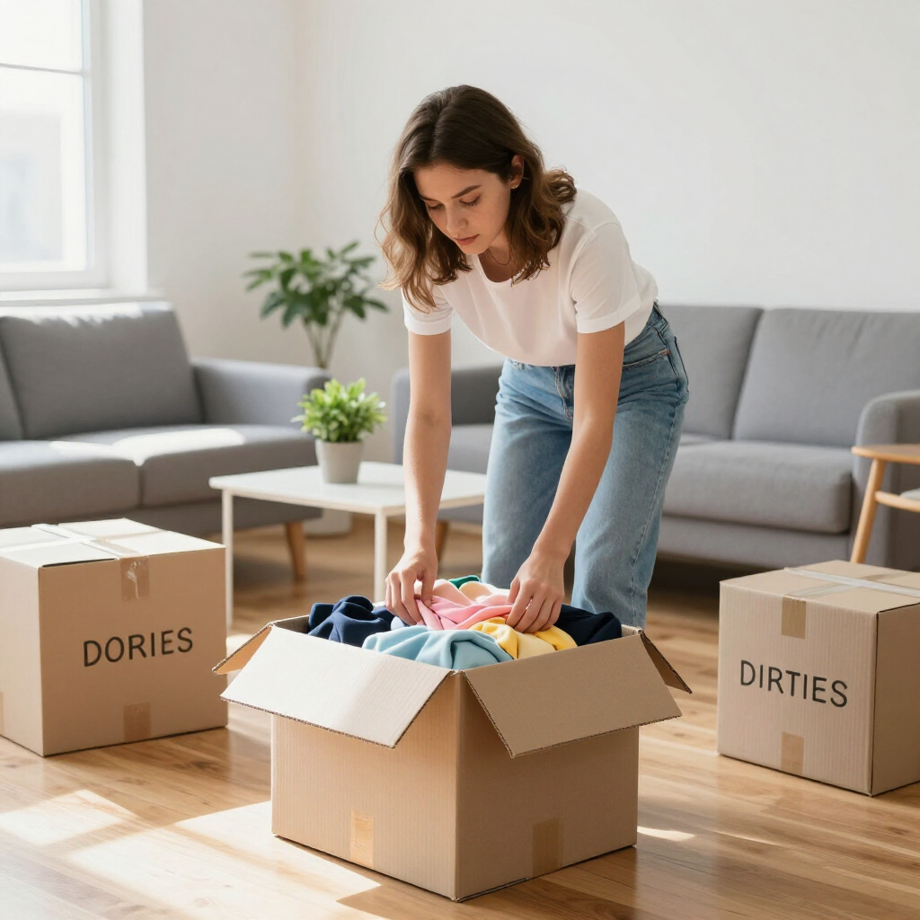 A person packs colorful folded clothes into a cardboard box labeled