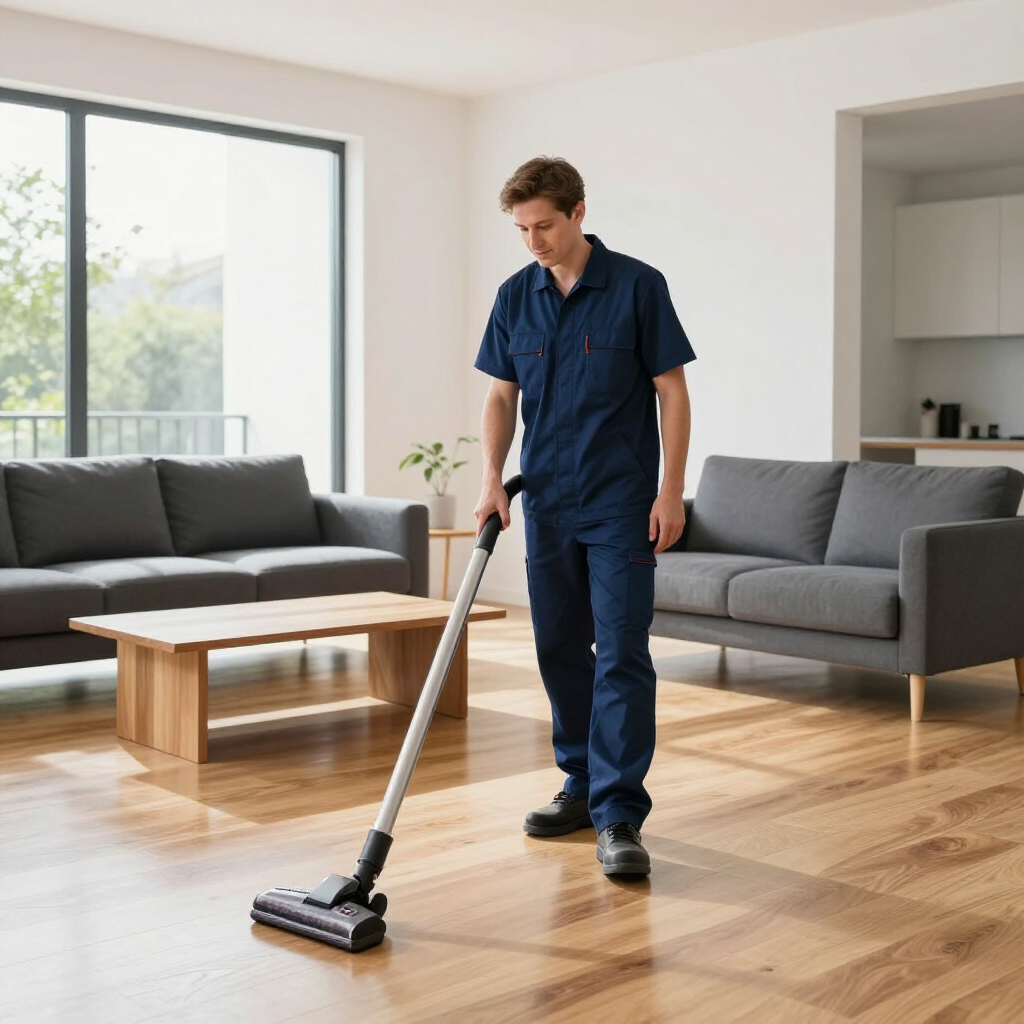 A person in a blue uniform vacuums a light wood floor in a brightly lit living room with two gray sofas.