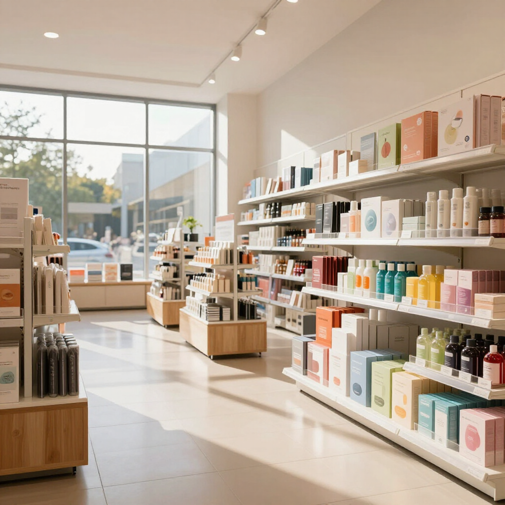 A modern, bright store interior with shelves stocked with various skincare and beauty products.