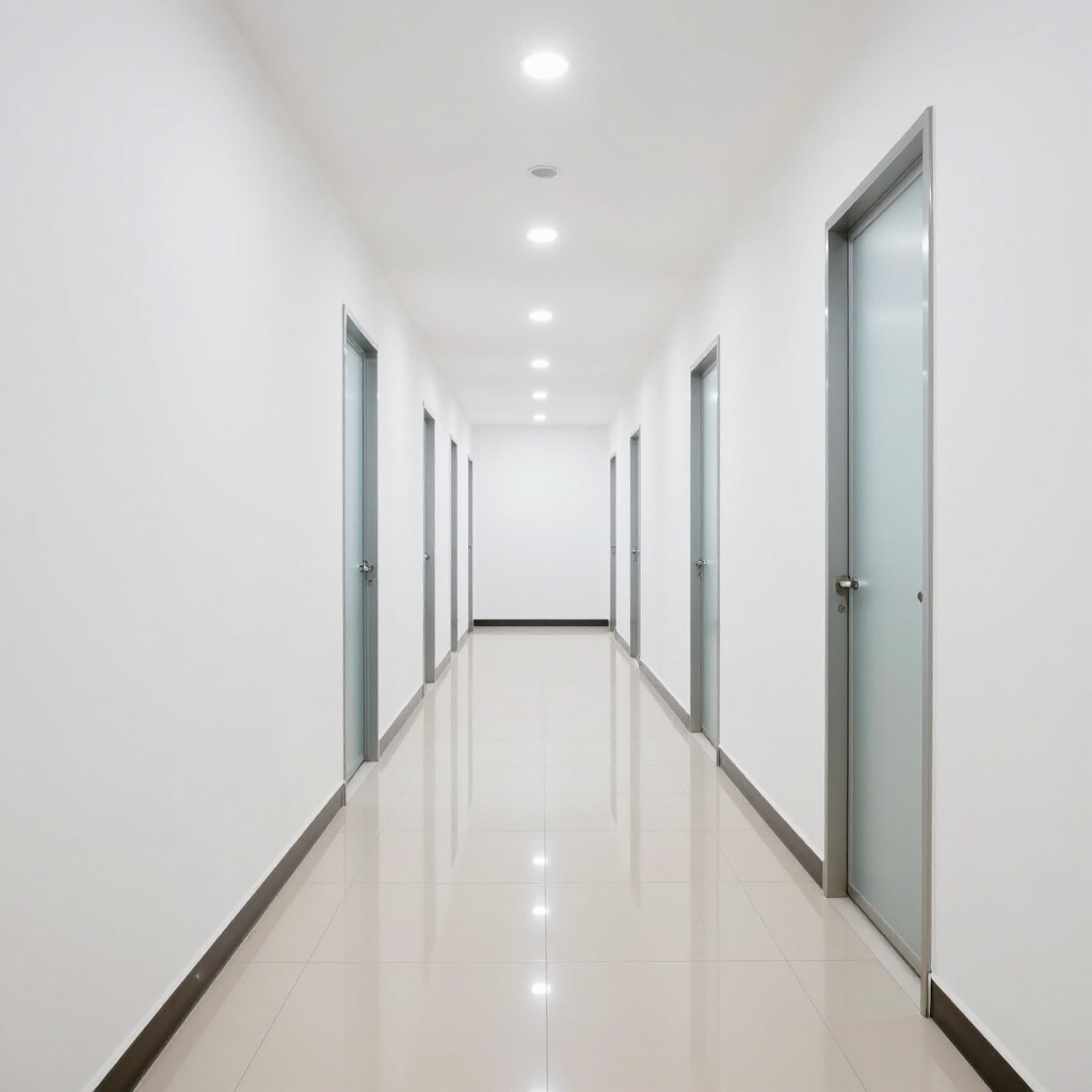 A long, minimalist white hallway with polished tile floors, recessed ceiling lights, and doors on both sides.