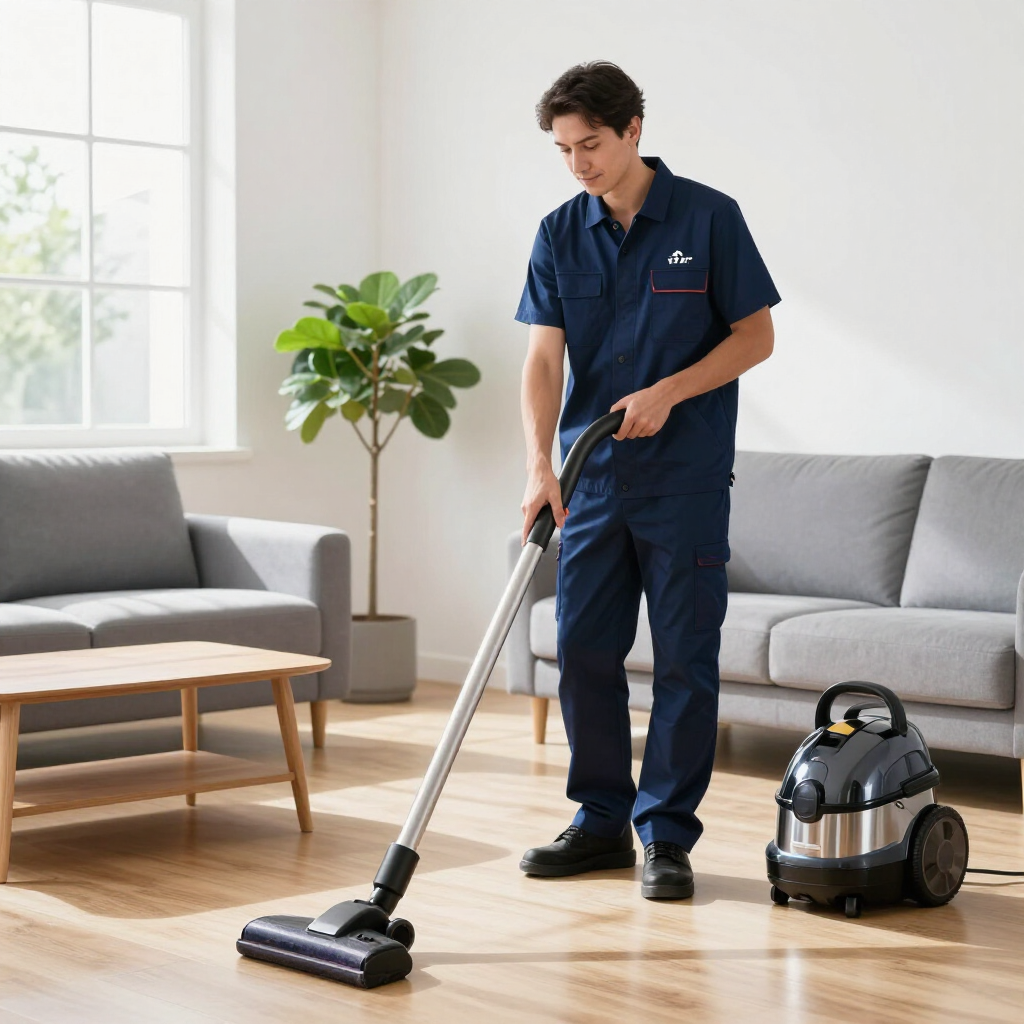 A cleaner in a navy uniform uses a stainless steel canister vacuum to clean a wooden floor in a brightly lit living room.
