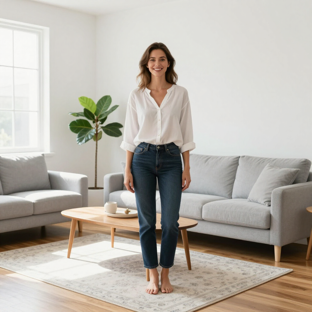 A person stands in a bright, modern living room with a gray sofa, a wooden coffee table, and a potted plant.