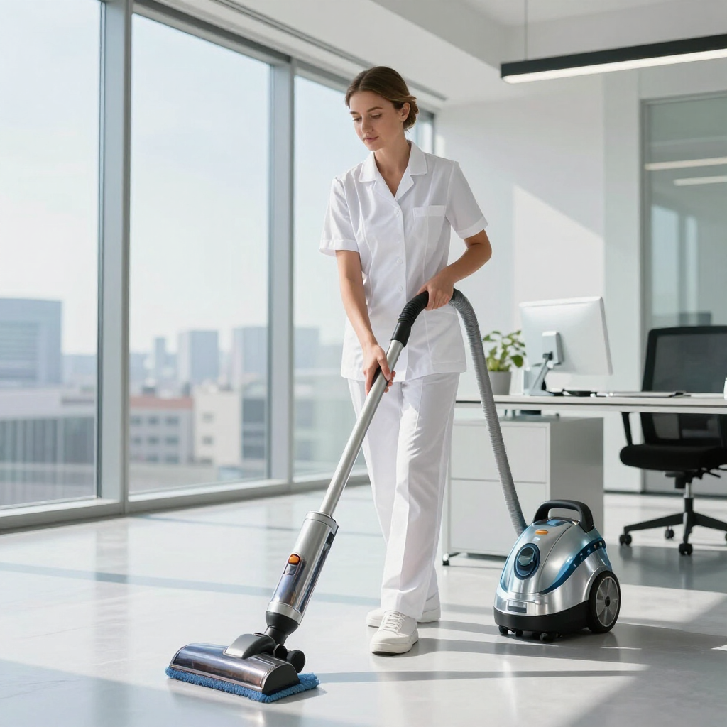A person in a white uniform uses a canister vacuum to clean a bright, modern office with large floor-to-ceiling windows.