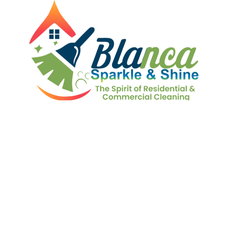 Logo for Blanca Sparkle & Shine, featuring a colorful house and broom icon with text about residential/commercial cleaning.