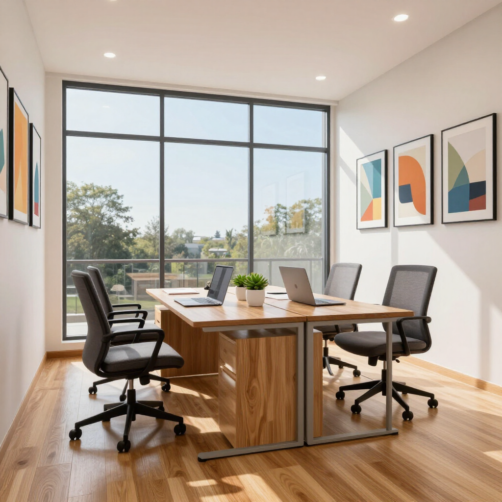 A modern office meeting room with a wooden table, four ergonomic chairs, two laptops, and abstract art on the walls.