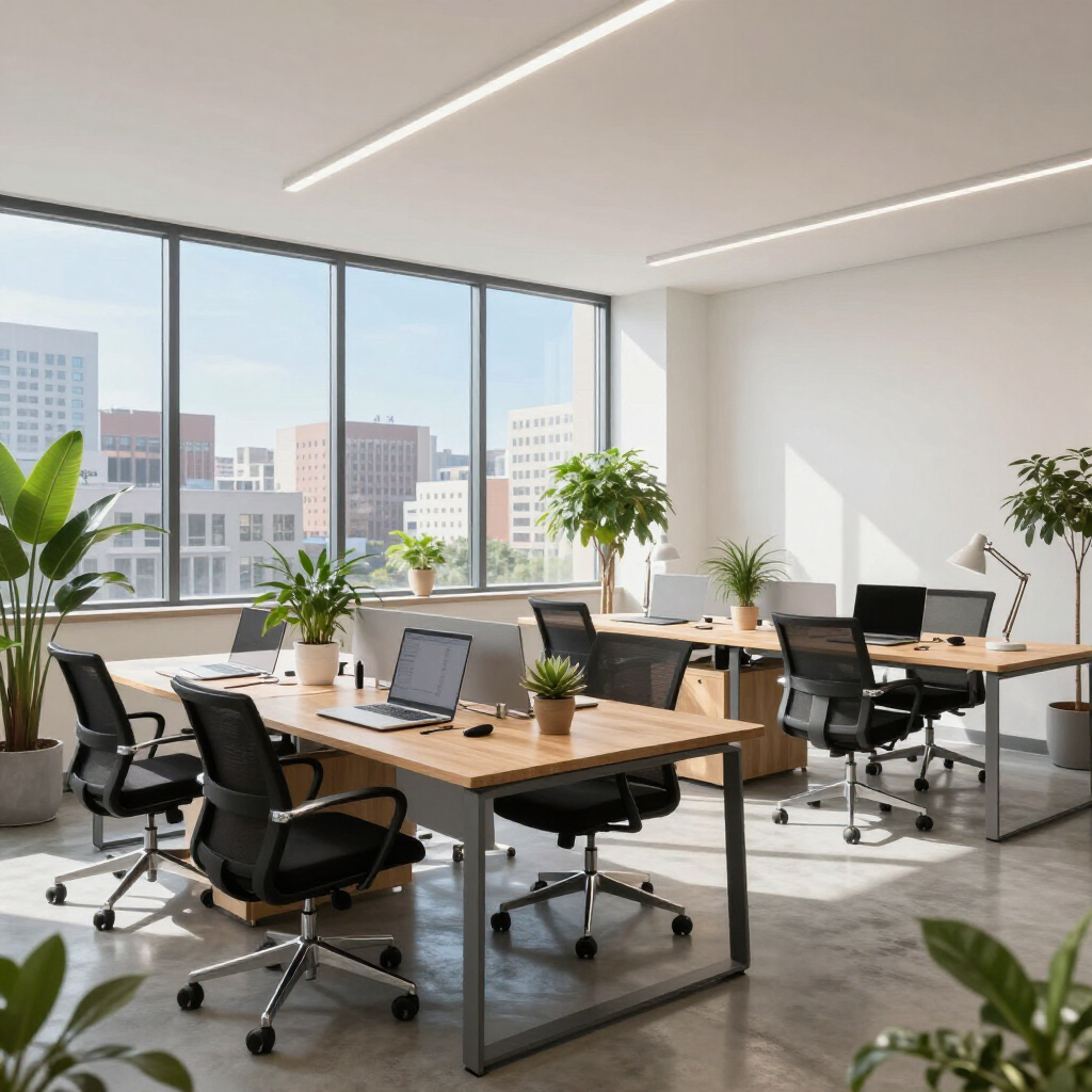 Modern office space with workstations, chairs, desks, computers, and indoor plants against a backdrop of city windows.