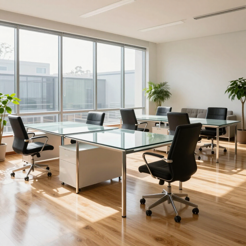 A bright, modern office with glass desks, black chairs, and potted plants on a polished hardwood floor.