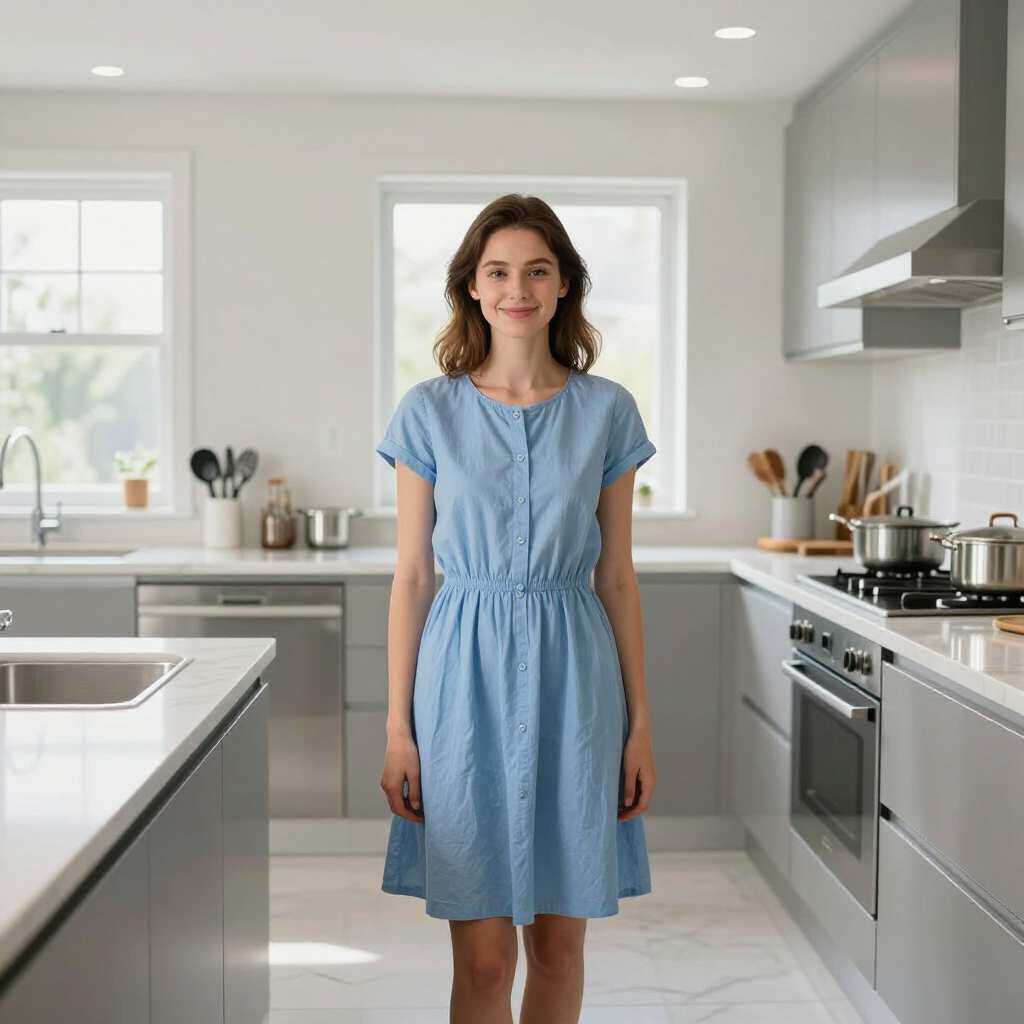 A person in a light blue dress stands in a modern kitchen with gray cabinets and white countertops.