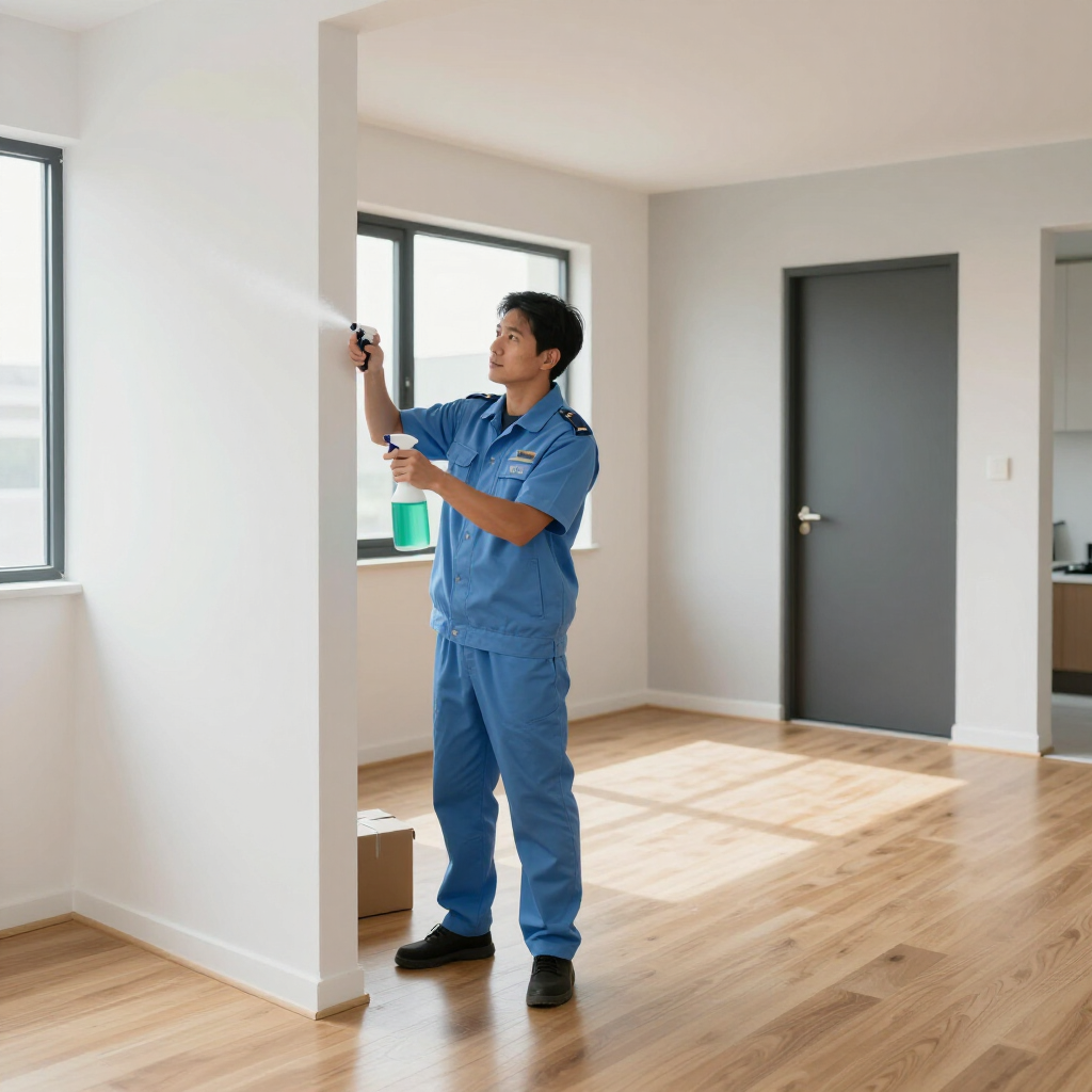 A professional in a blue uniform sprays a cleaning agent onto a white wall in a bright, modern room with wooden floors.
