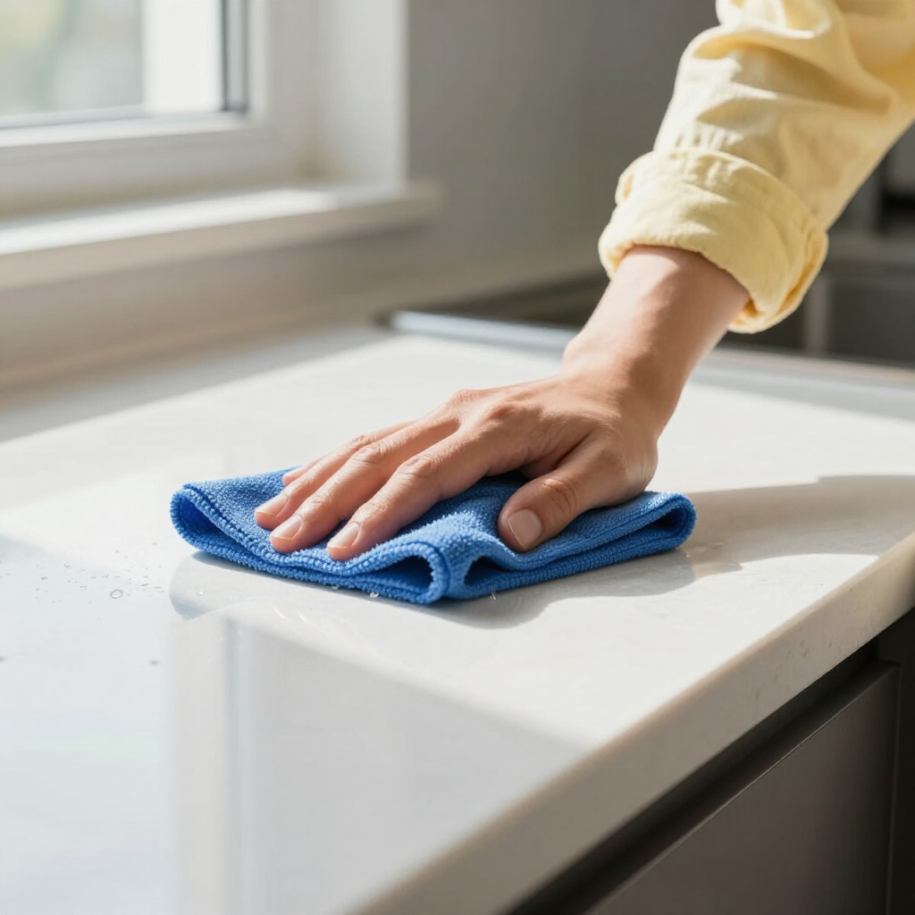 A hand wearing a yellow sleeve wipes a smooth, light-colored kitchen counter with a folded blue microfiber cloth.