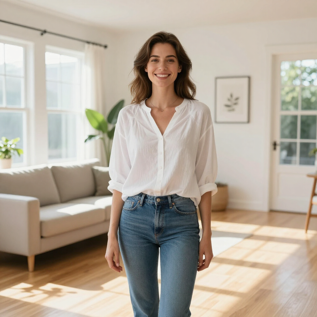A person in a white button-down shirt and blue jeans stands in a bright, modern living room, smiling at the camera.
