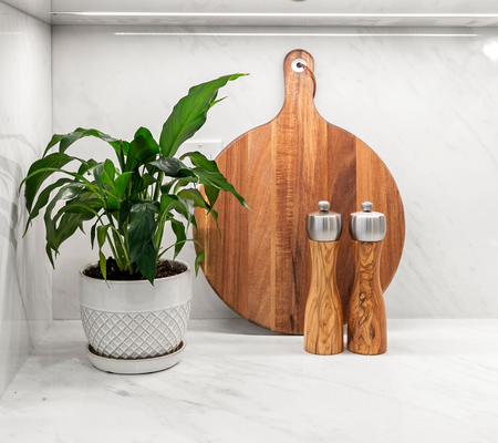 White kitchen counter with a potted green plant, wooden cutting board, and salt and pepper shakers.