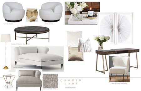 Interior design mood board with furniture, decor, and color swatches in neutral tones.