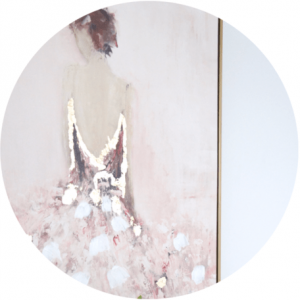 Painting of a ballerina in soft pinks and gold.
